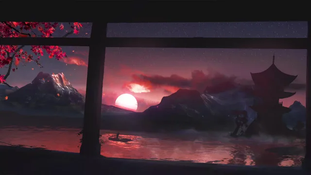 红日映照湖山