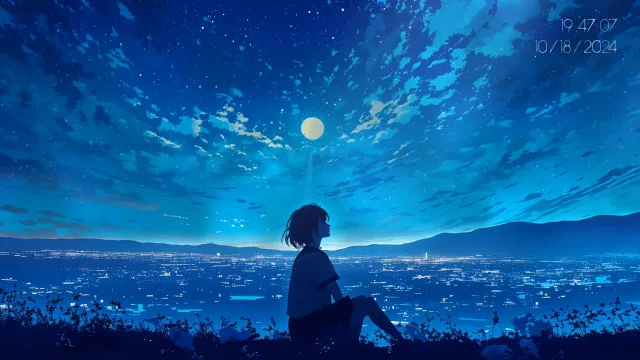 月下静坐少女