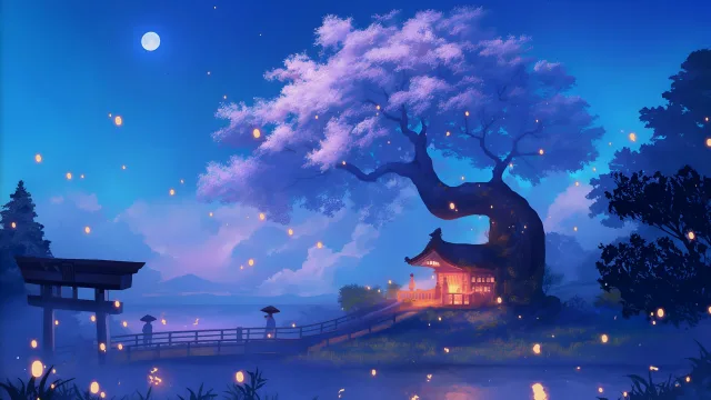 月夜古寺灯火