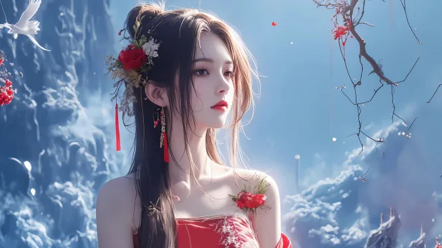 红衣少女映雪景