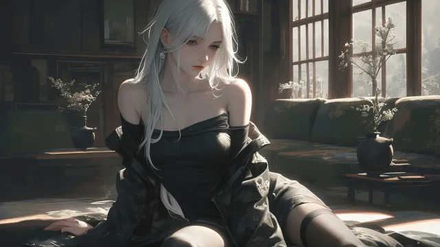 白发少女坐室内