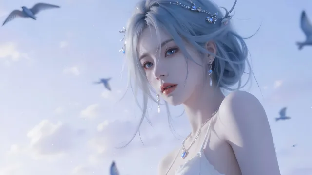 蓝发少女看海鸟