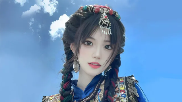 蓝天白云下的少女
