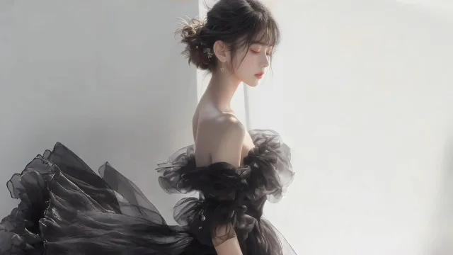 黑裙少女侧影