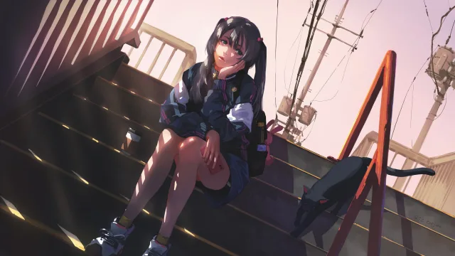 少女坐台阶上