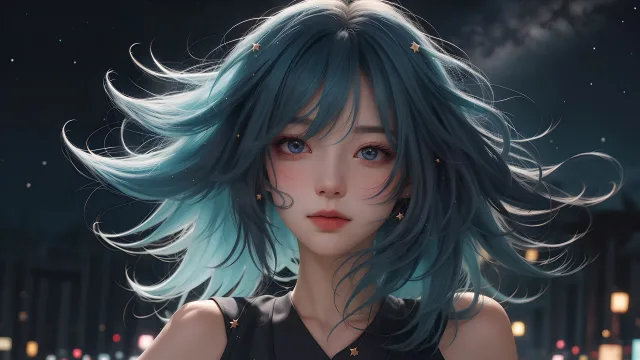 星空下的蓝发少女