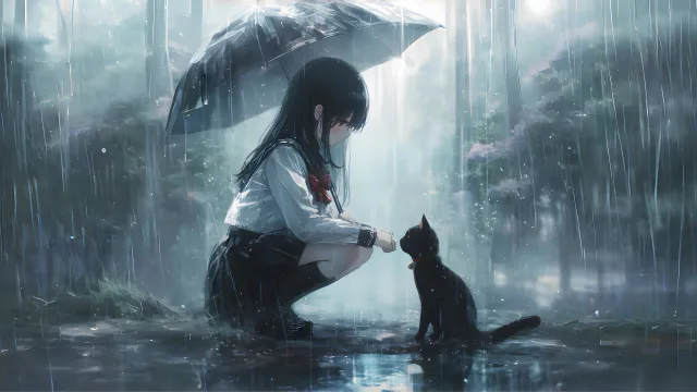 雨夜伞下猫