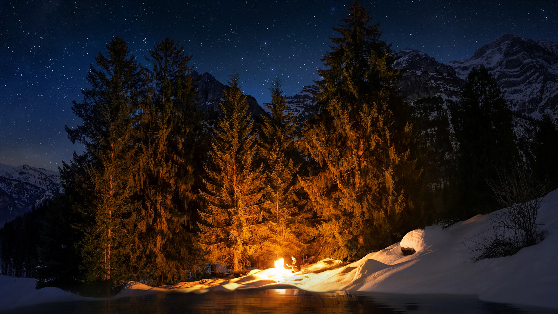 雪山篝火暖冬夜