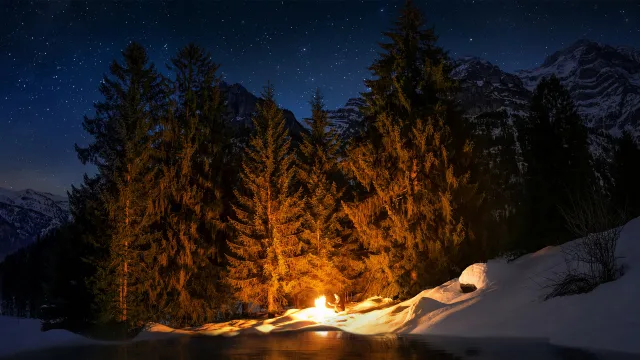 雪山篝火暖冬夜