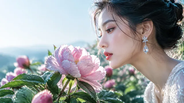 晨露花间美人