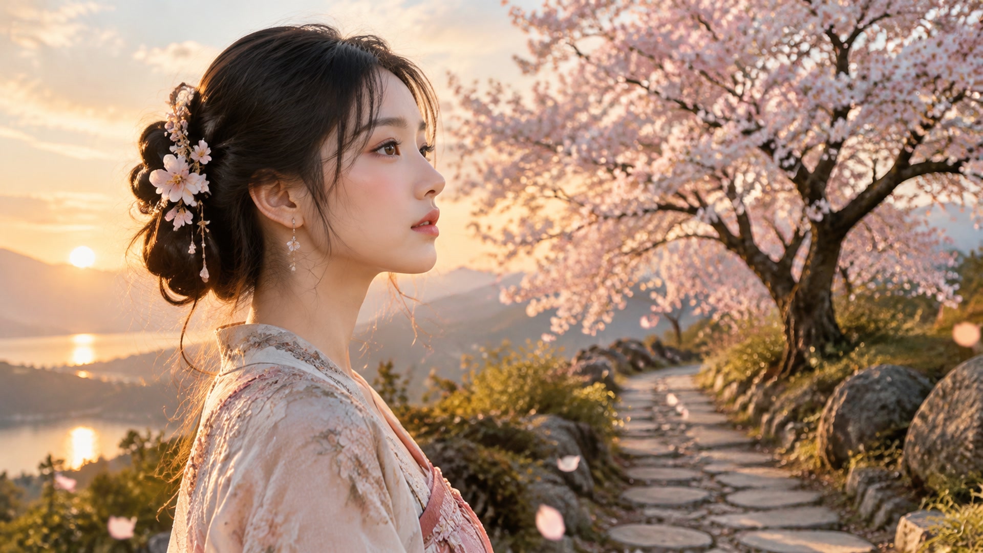樱花夕照美人壁纸