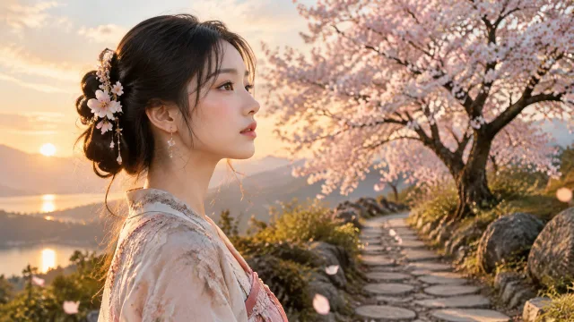 樱花夕照美人壁纸