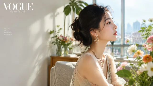 窗畔花影美人