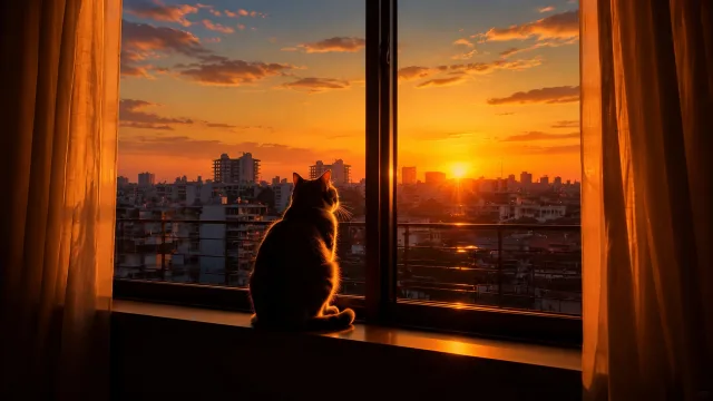 夕阳窗边猫影