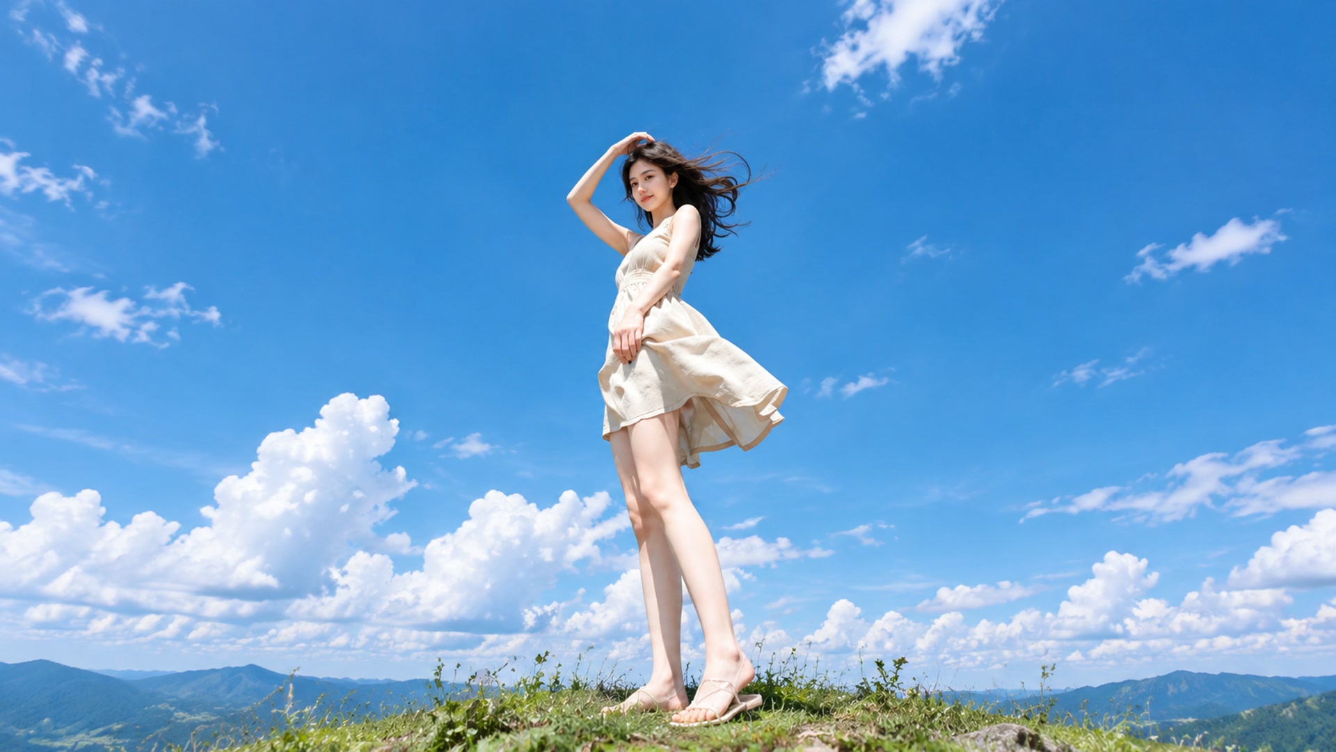 蓝天白裙少女