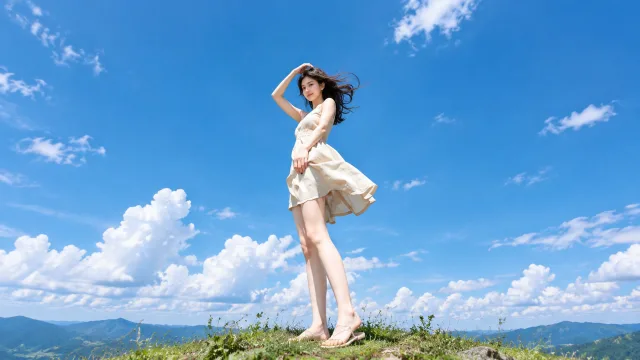 蓝天白裙少女