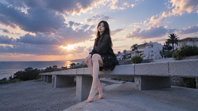 海边落日少女