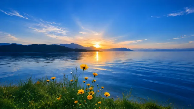 湖畔花海落日景