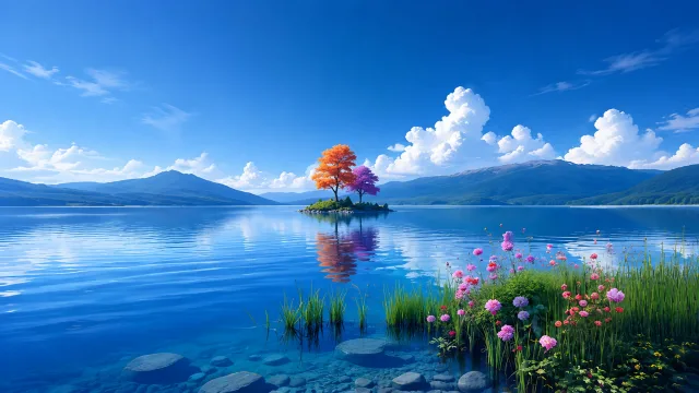 彩树倒映碧湖