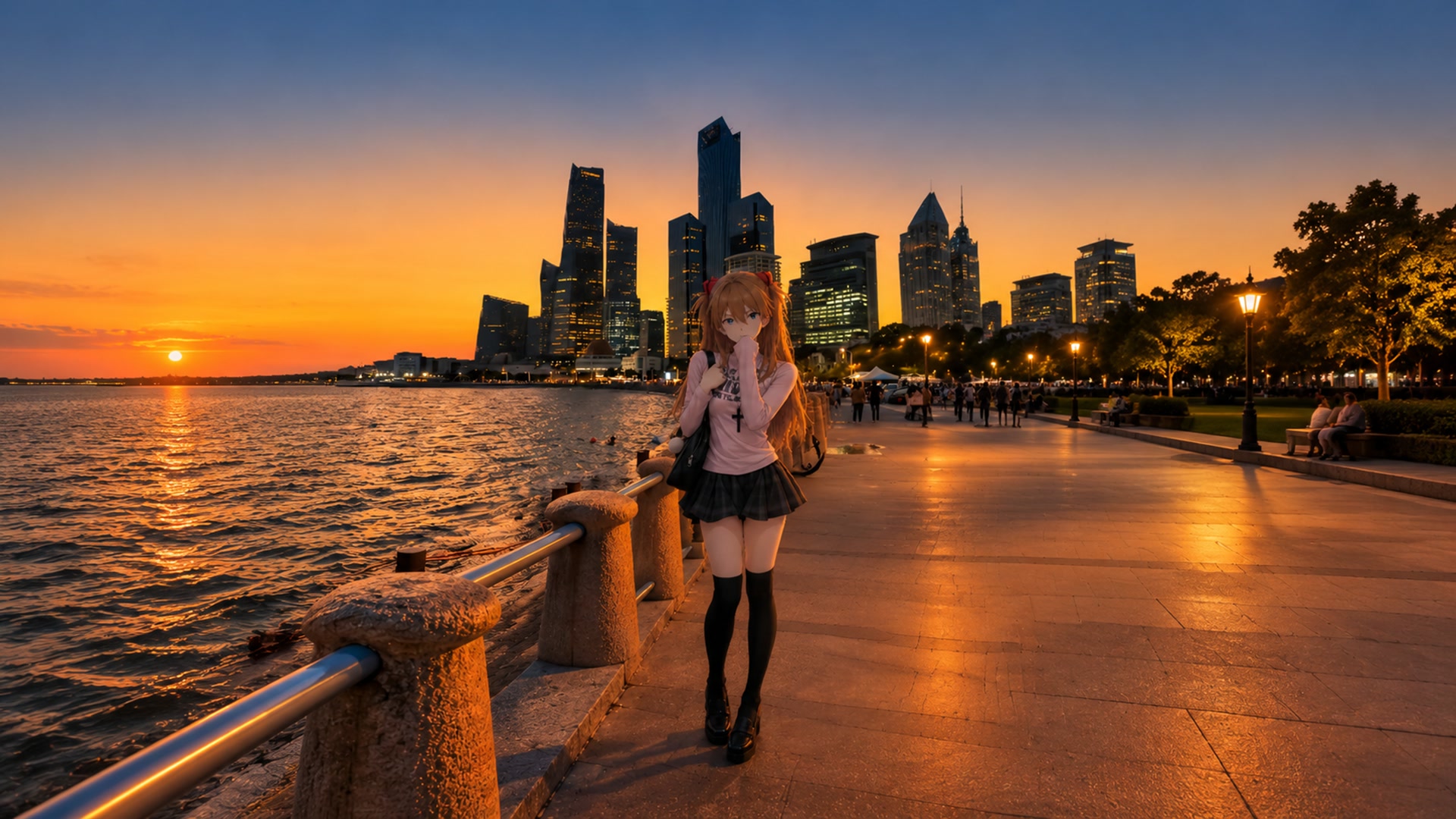 夕阳滨海少女漫步
