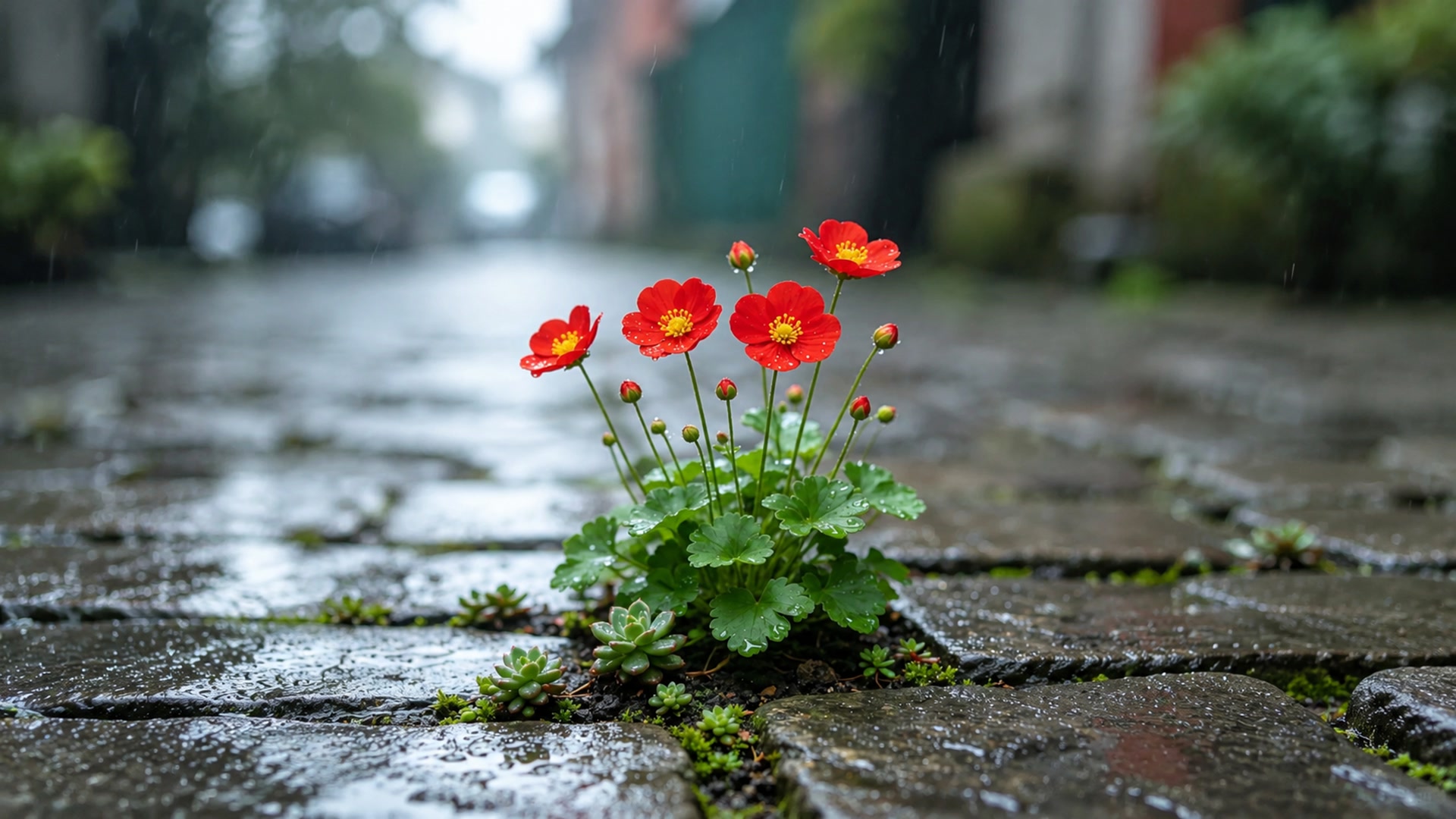 雨中红花静绽