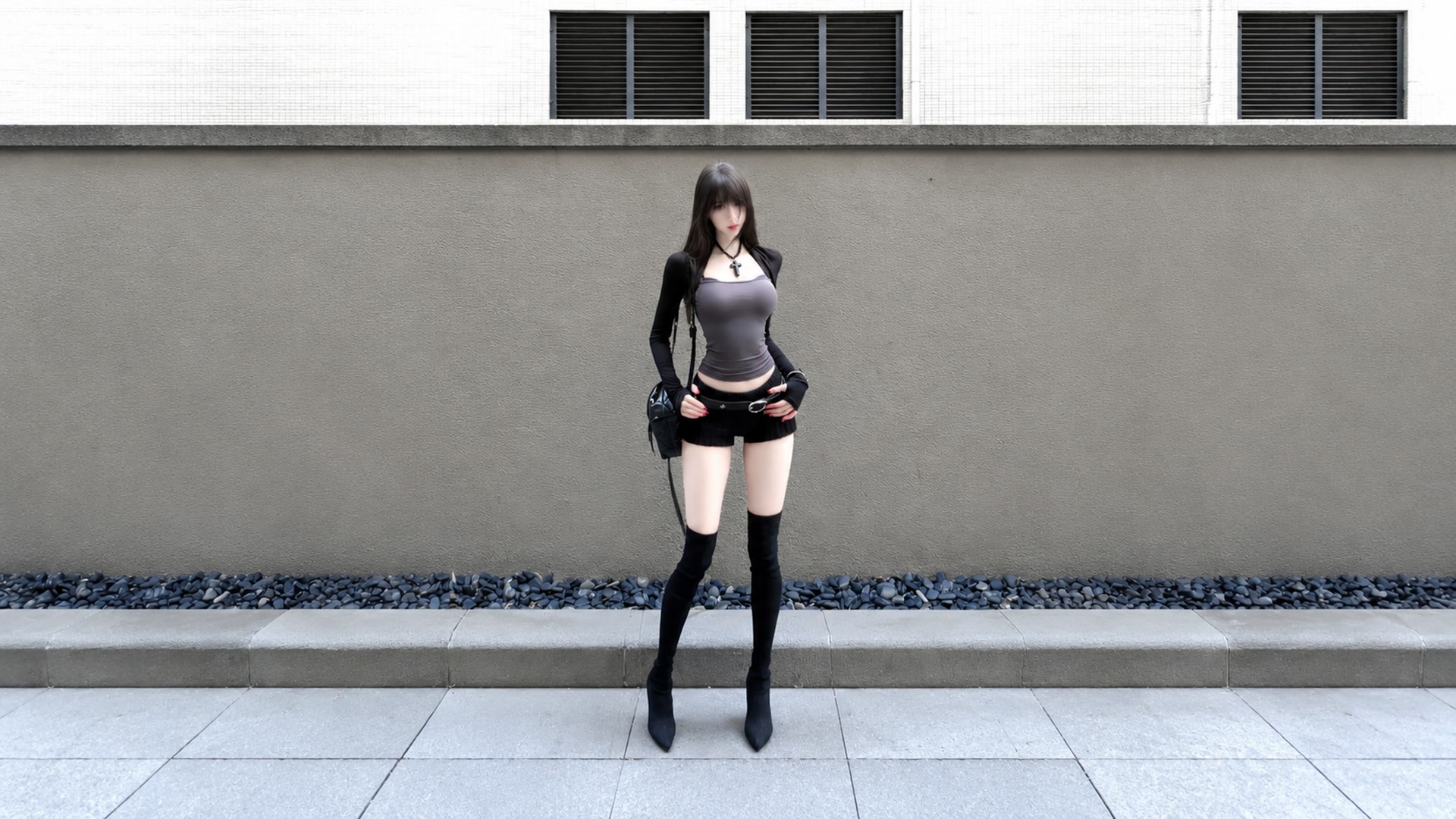 灰墙黑衣少女