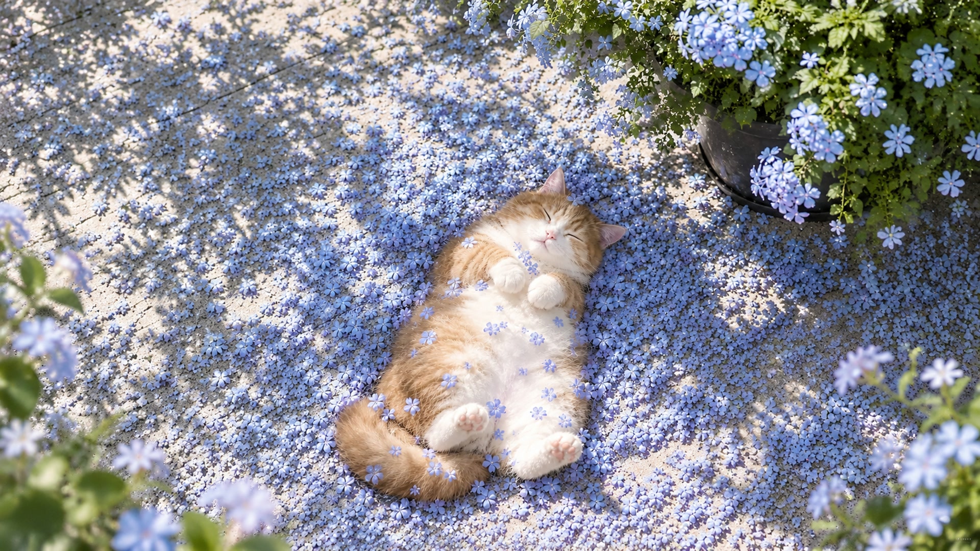 蓝花丛中酣睡猫