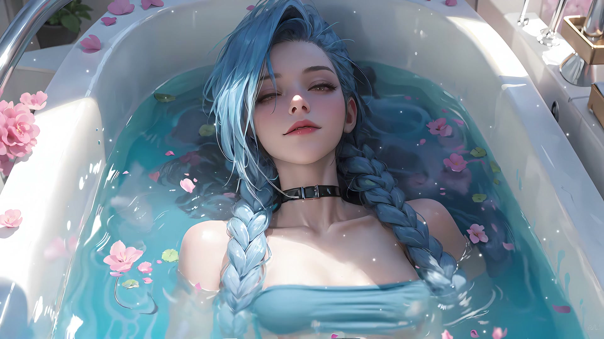 蓝发女子沐浴