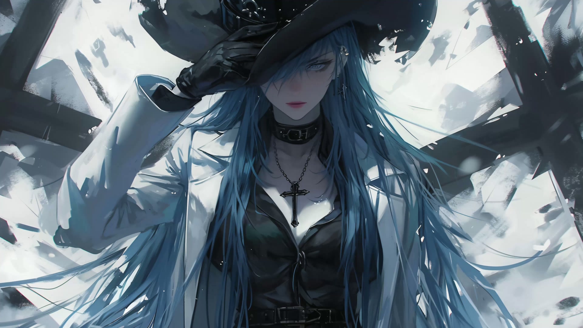 蓝发黑帽少女