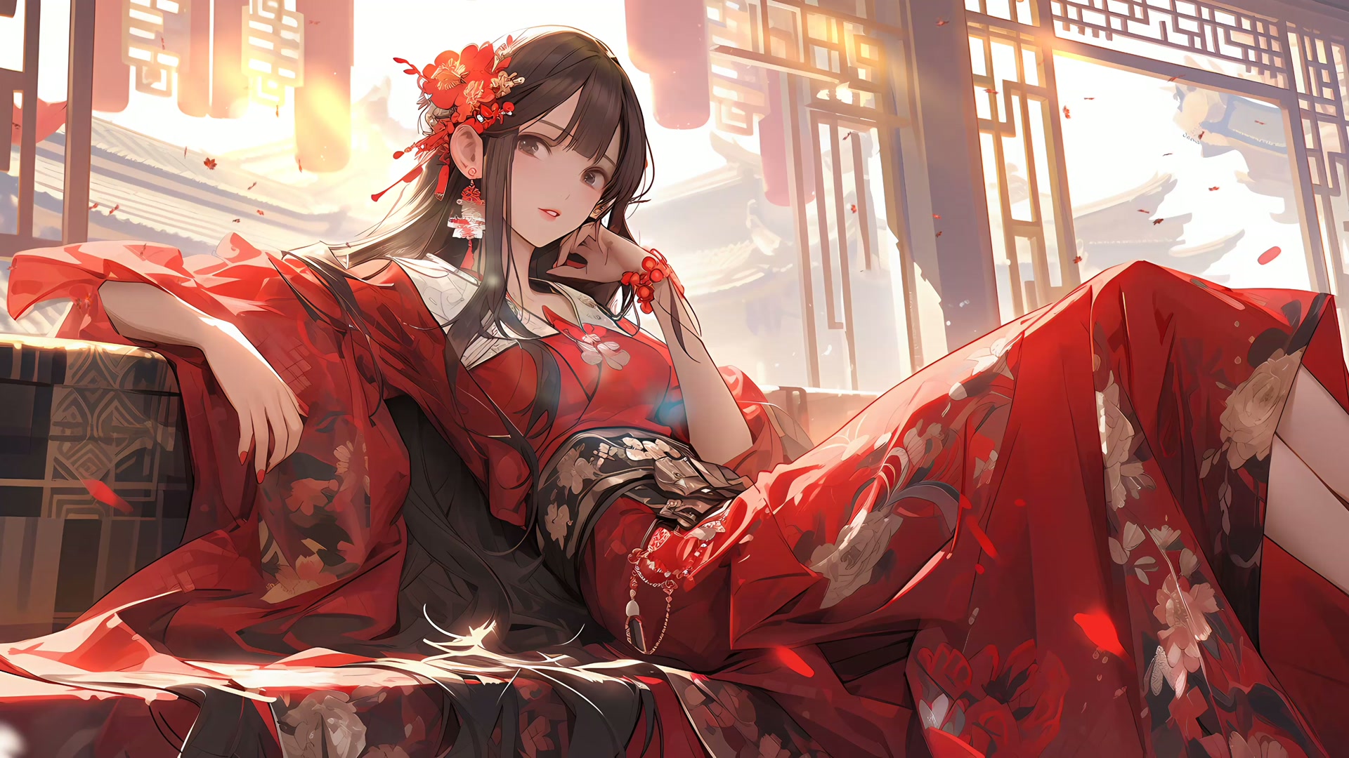 红衣女子倚窗