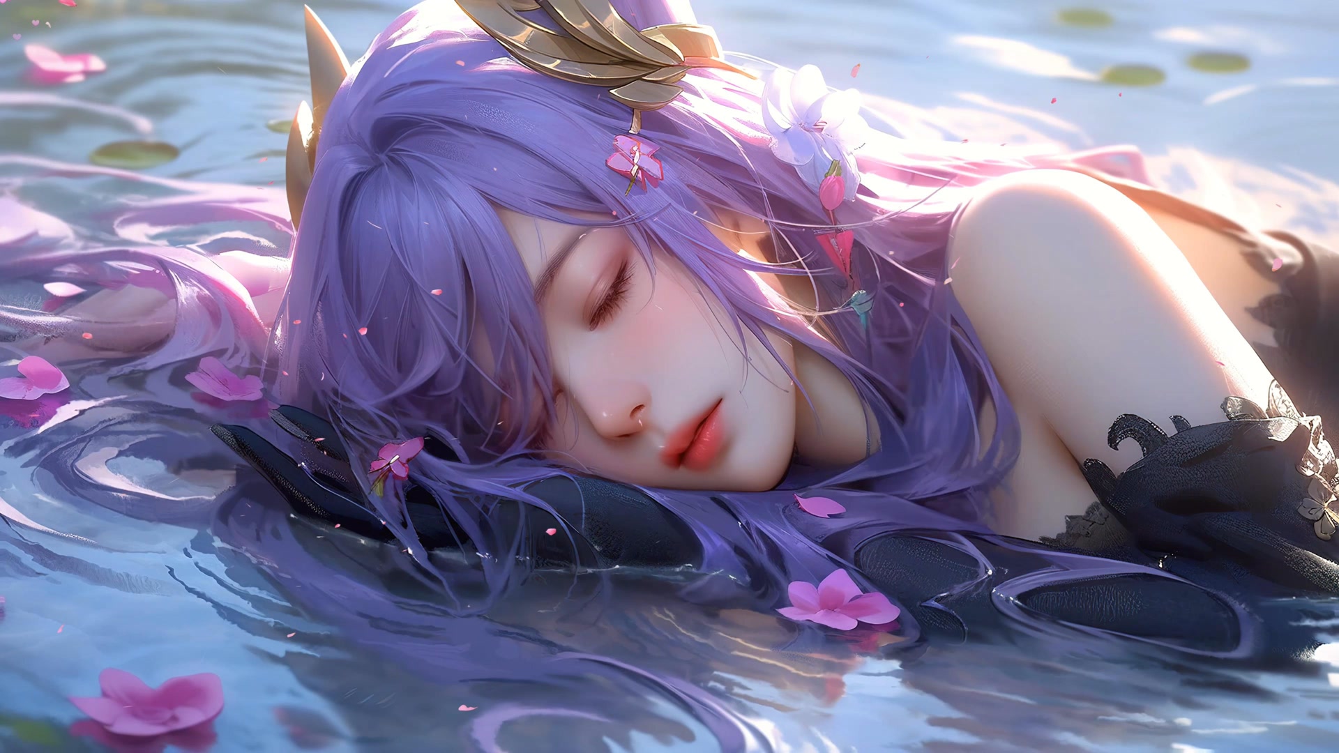 紫发少女卧水