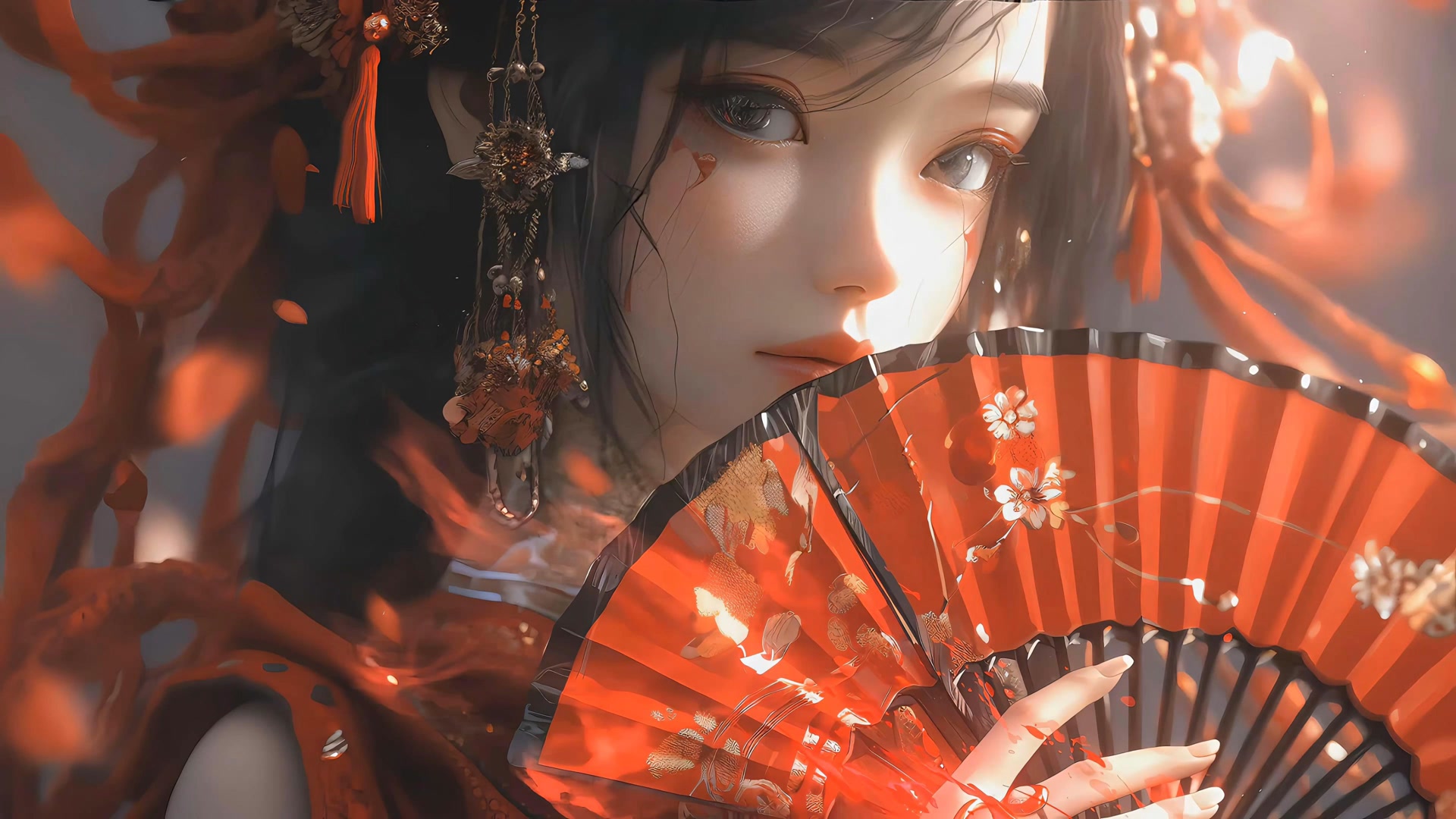 红扇轻摇少女颜