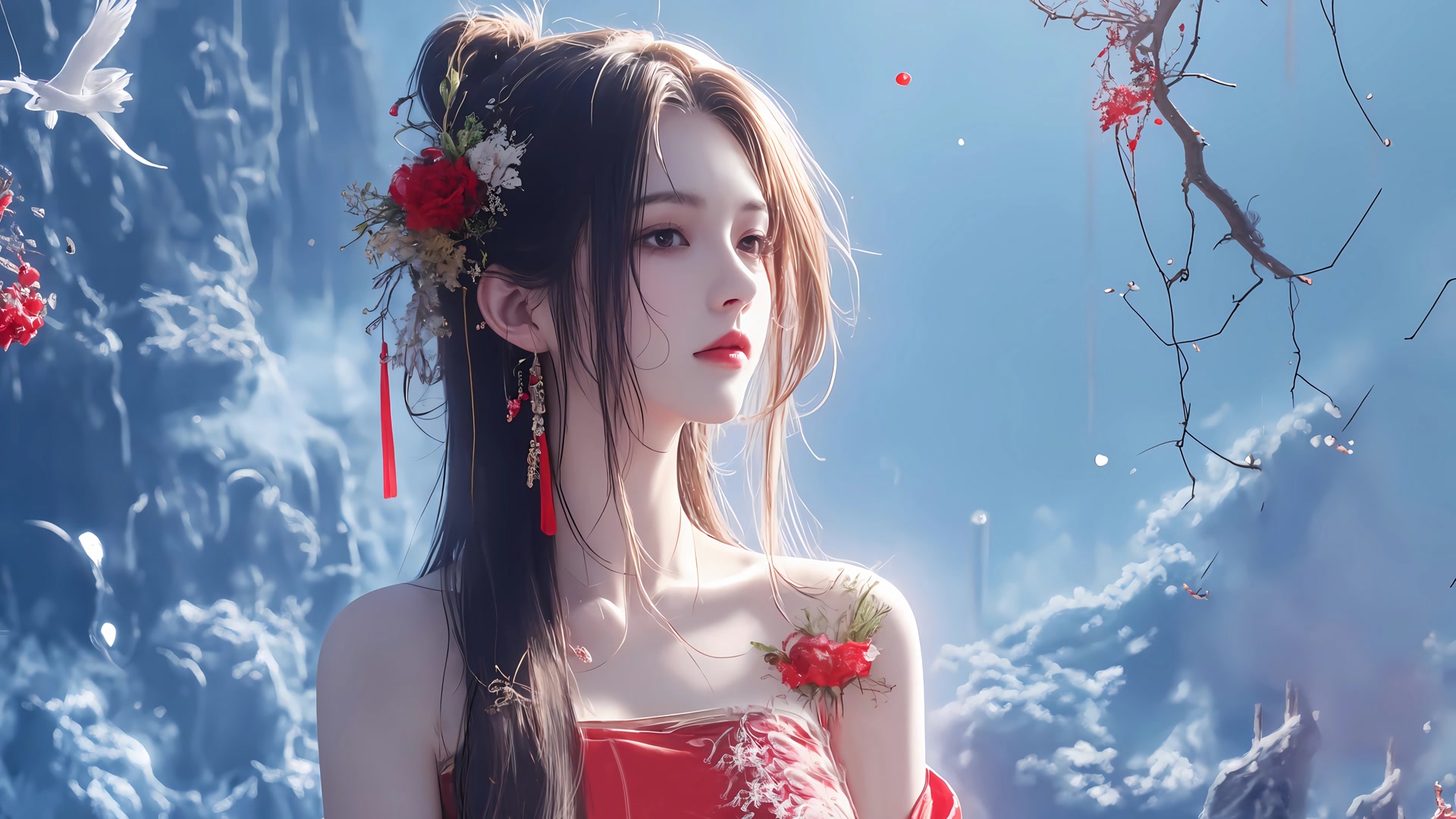 红衣少女映雪景
