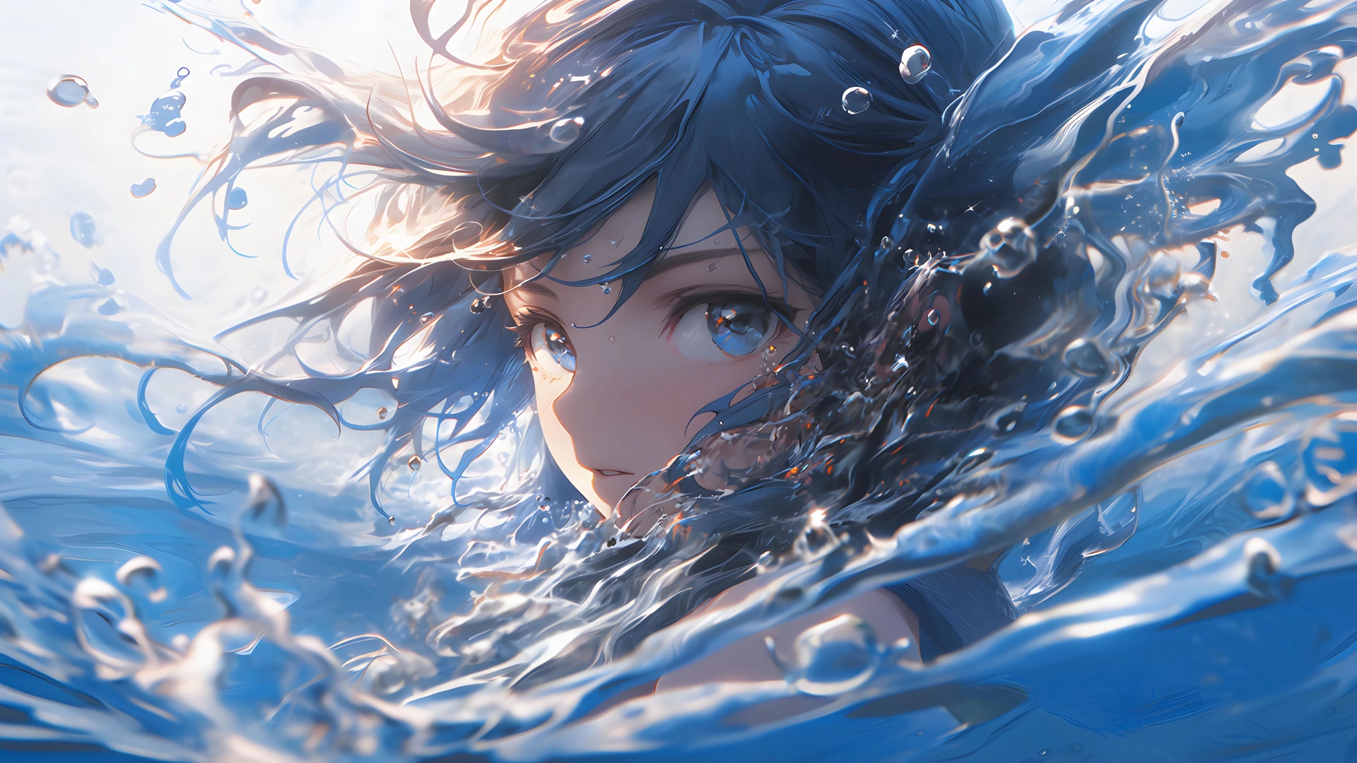 蓝发少女水波中