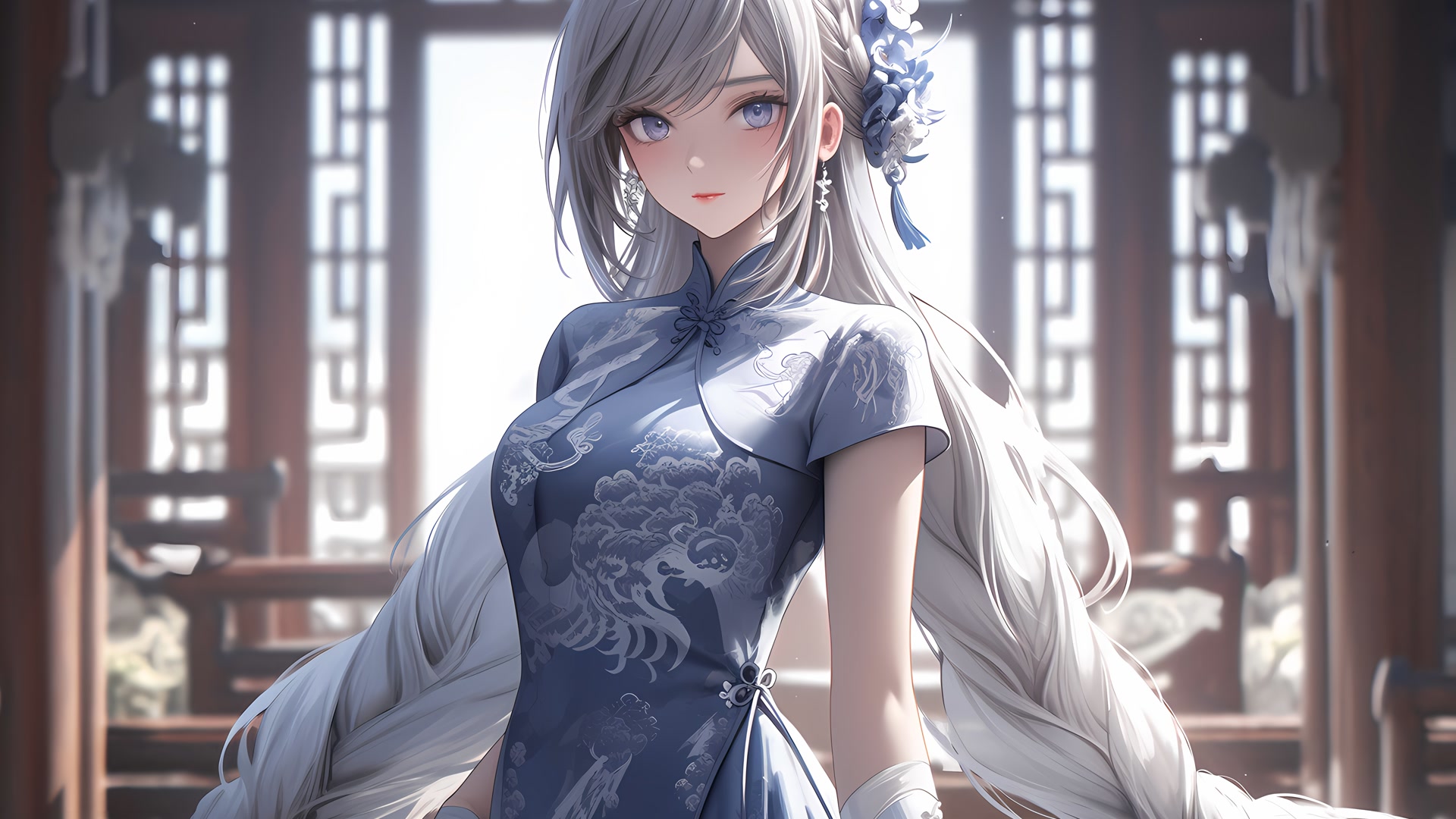 银发蓝旗袍女