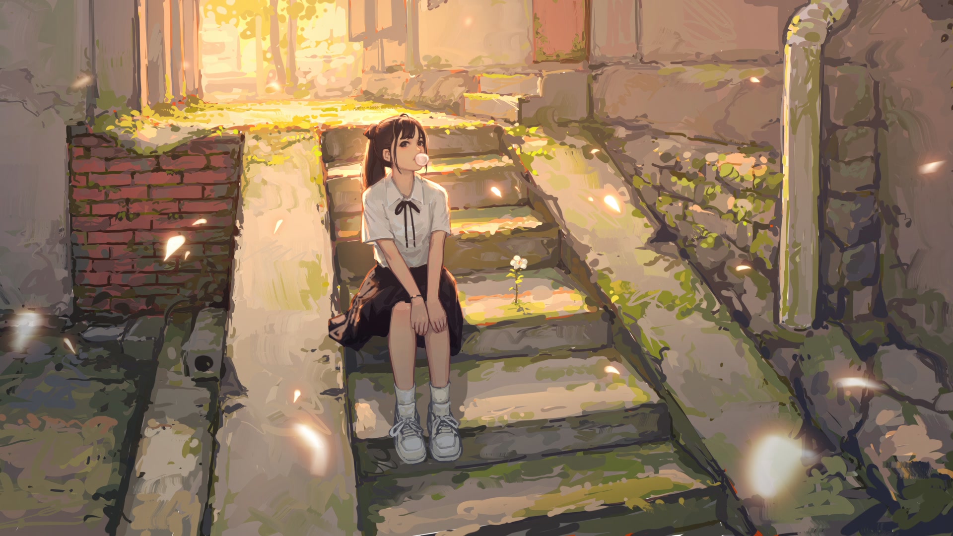 吹泡泡的少女