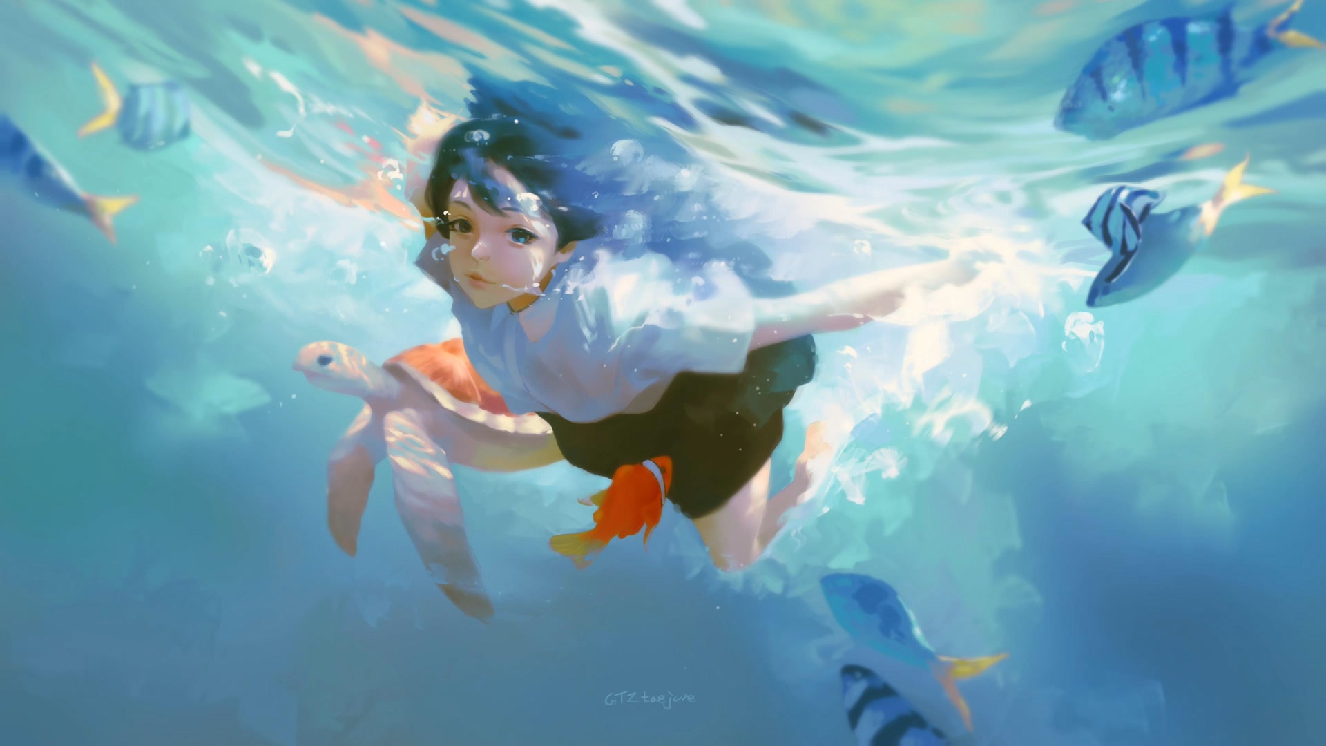 少女海底游泳