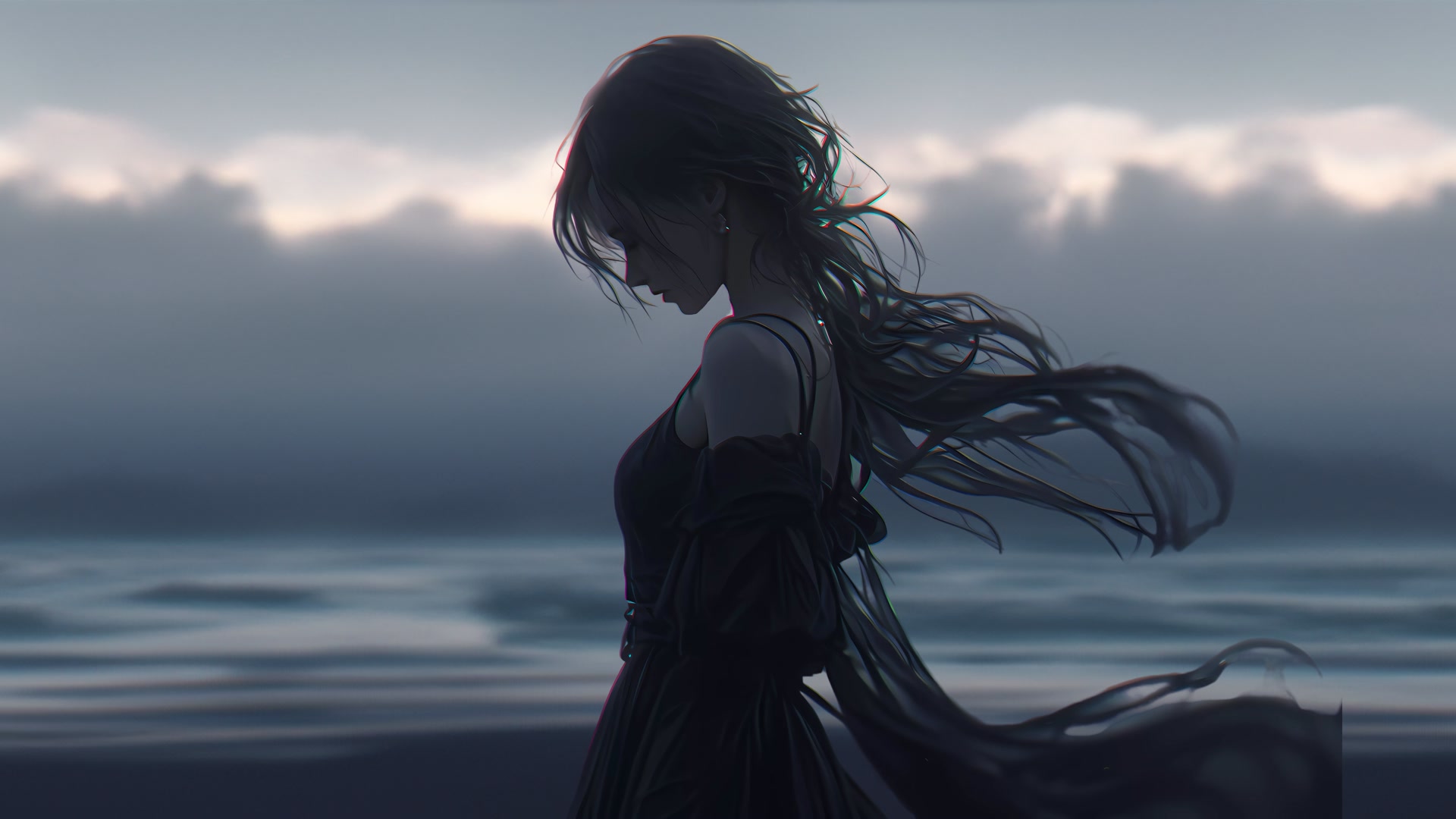 海边少女剪影