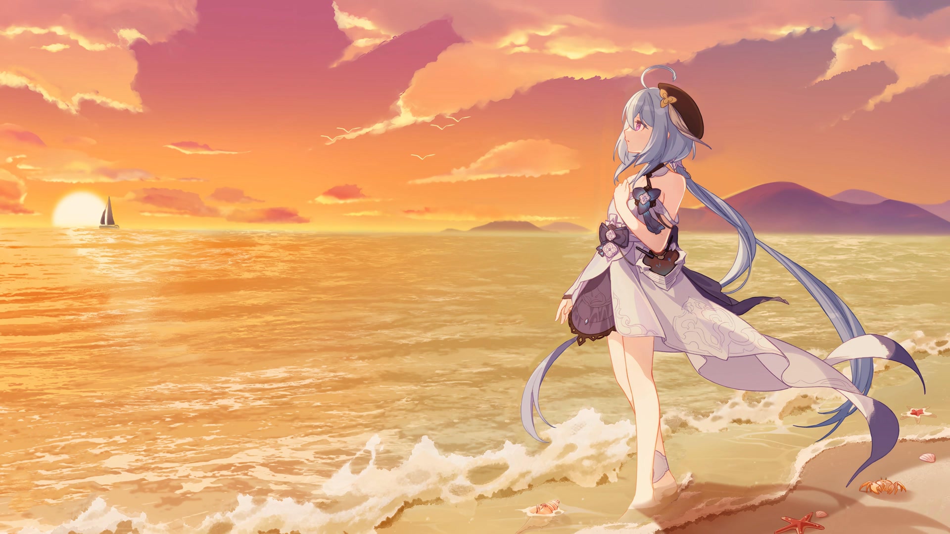 海边少女夕阳