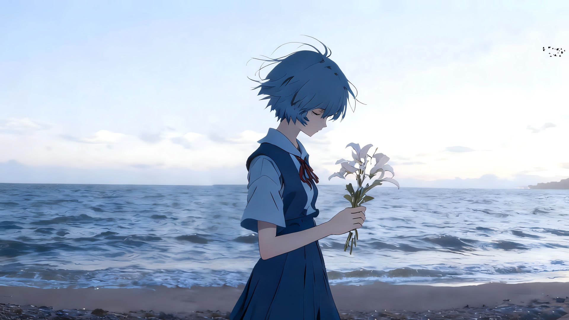 海边持花少女