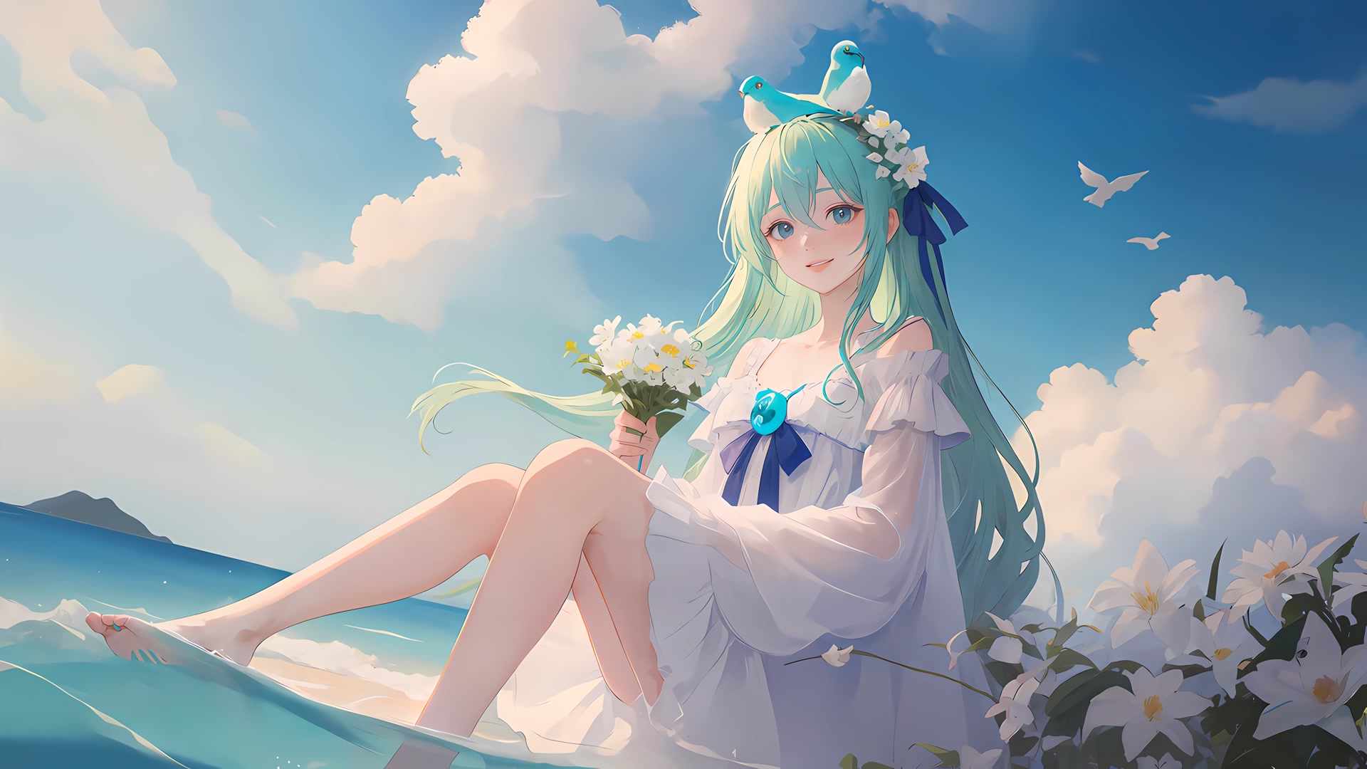 海边持花少女