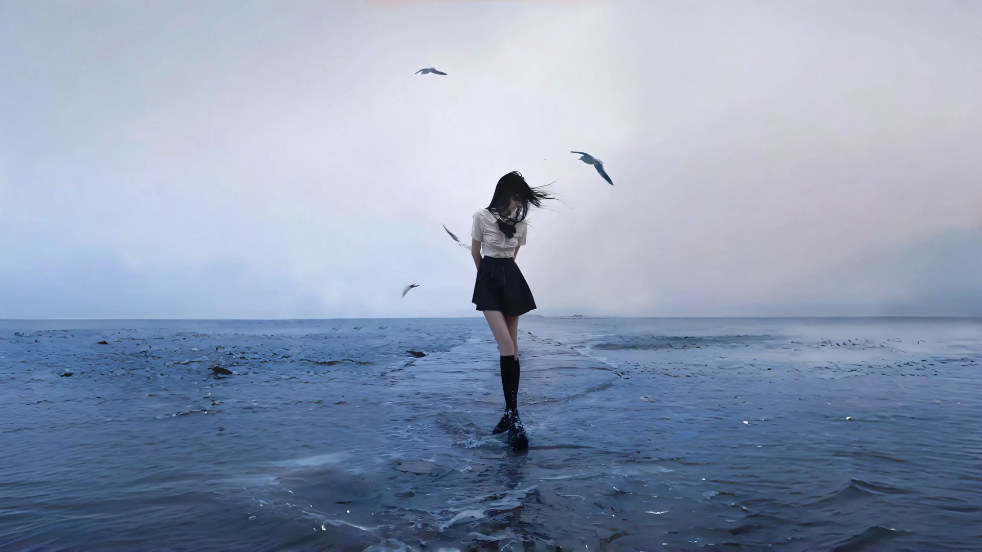 海风中的少女
