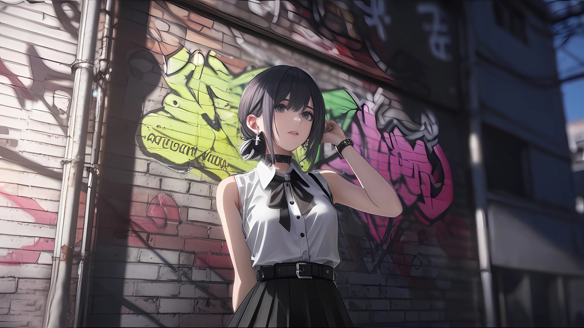 涂鸦墙前少女