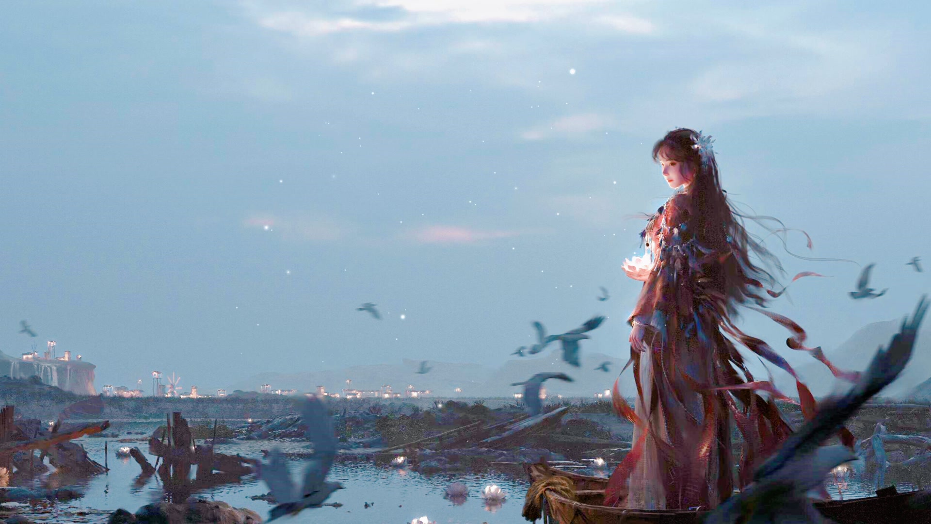 湖畔持灯少女