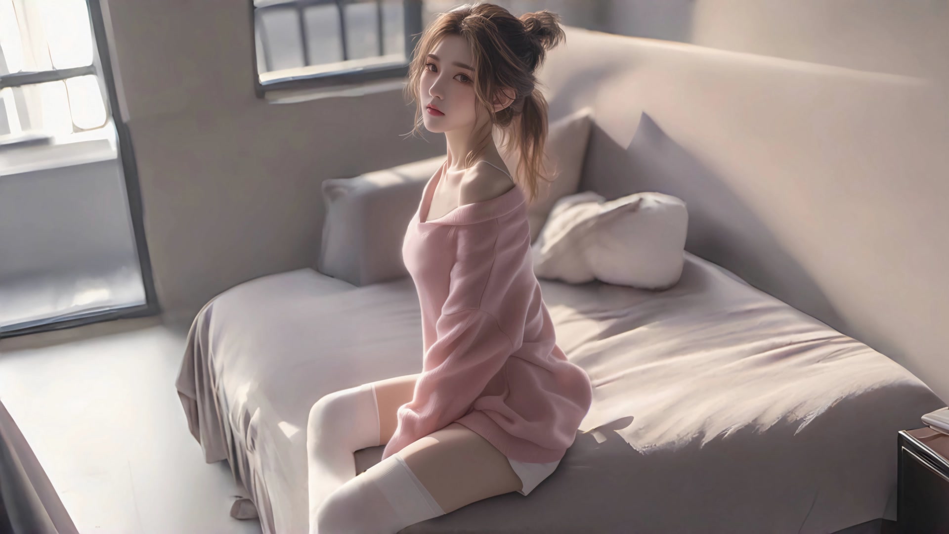 粉衣少女坐床