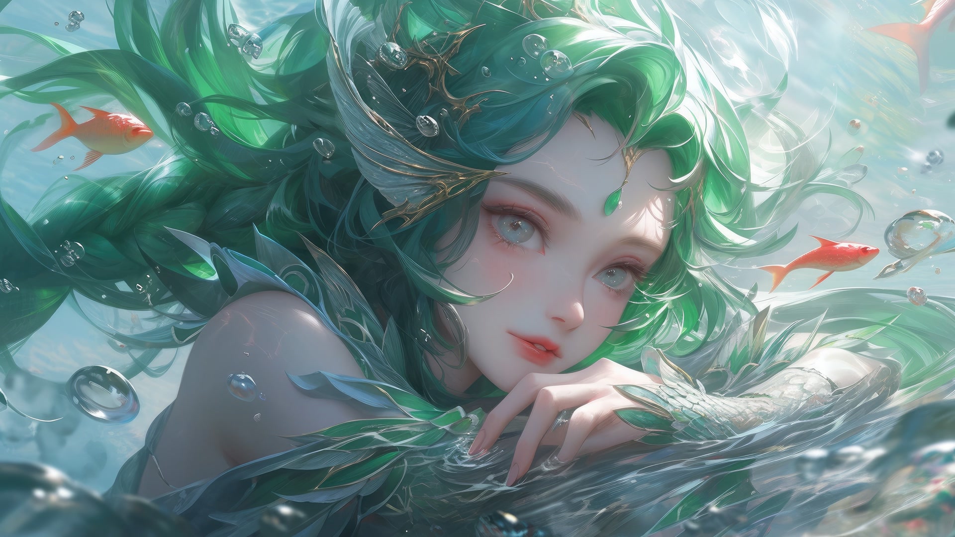 绿发水中少女