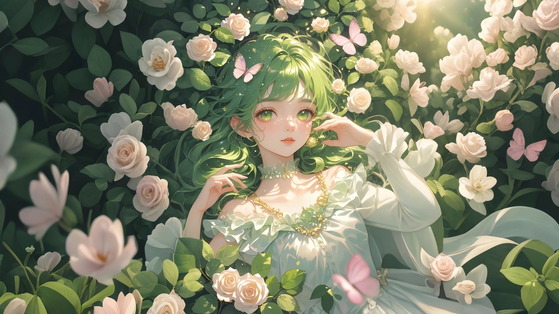 花丛绿发少女