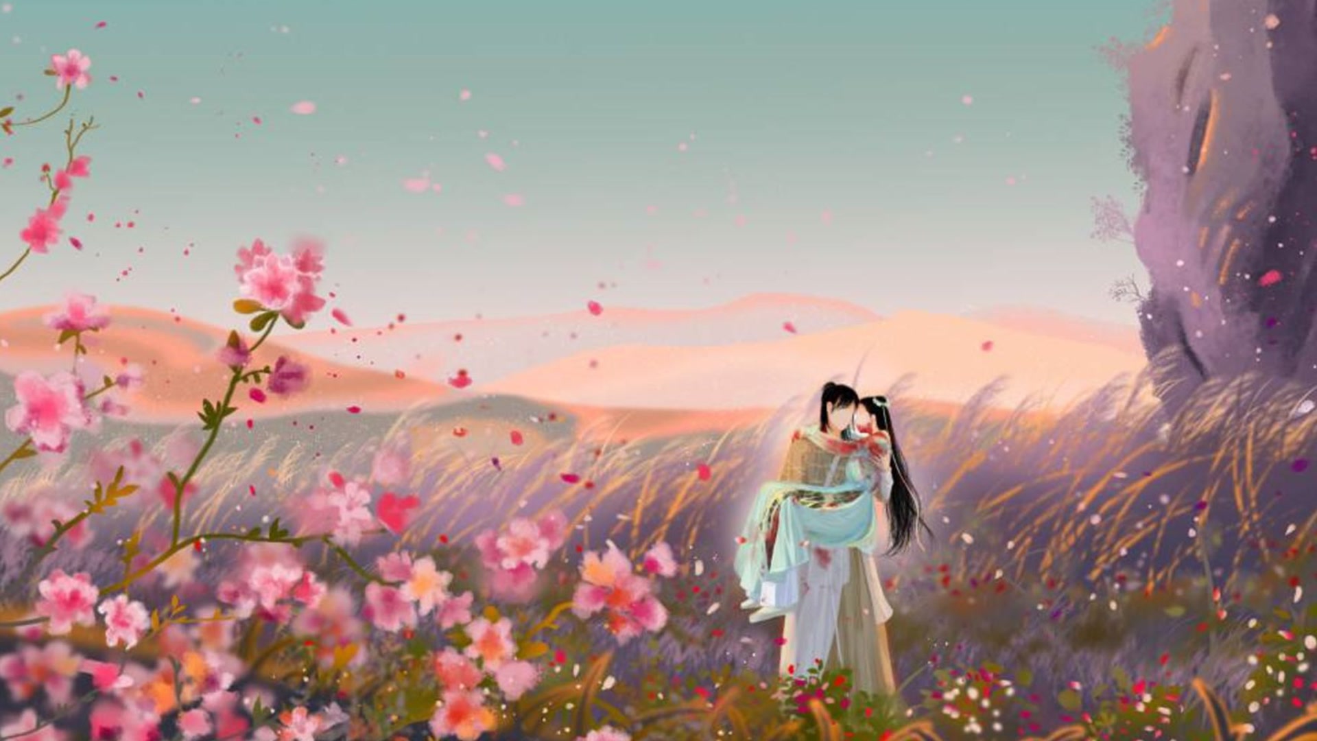 花间情侣相拥