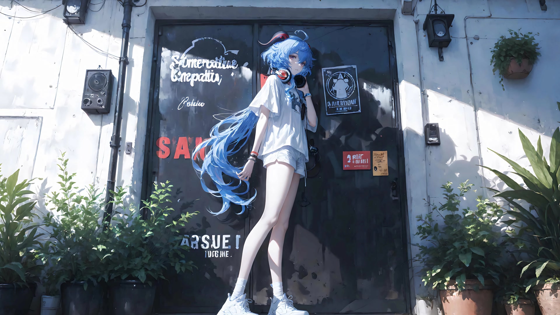 蓝发少女倚门