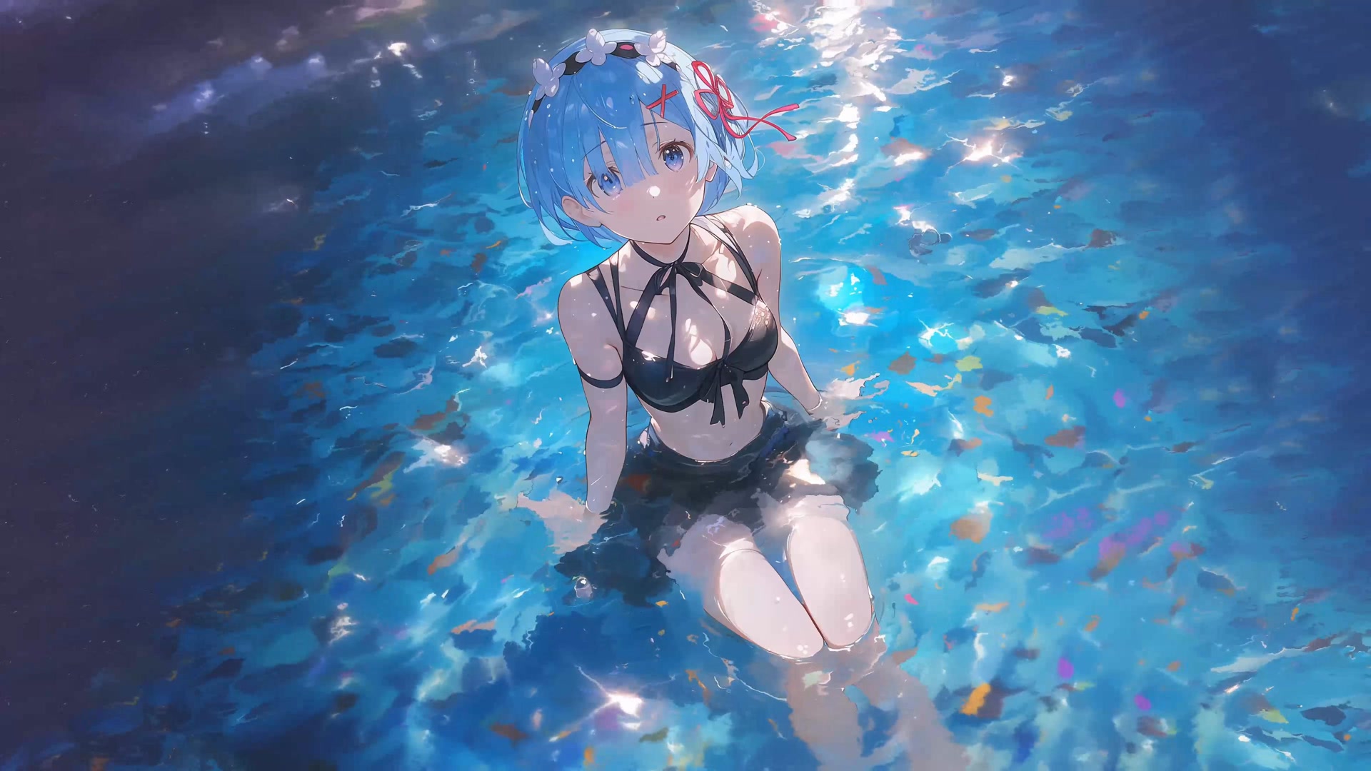 蓝发少女戏水